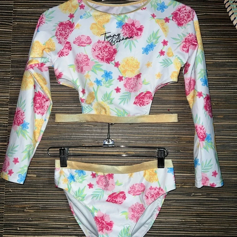Tommy Bahama 💐 Girls 2-pc Set Sz 14 Floral L/S Rashguard with Gold Trim